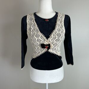 Velvet Crochet vest XS S Top Blouse Rose Floral Boho Y2K Vintage Peasant Prairie